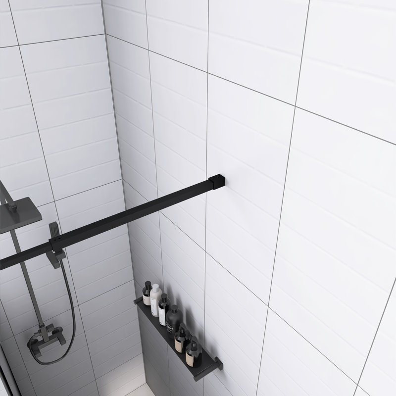34"W X 72"H Fixed Shower Door, 1/4" Black Gradient Tempered Glass With Stainless Steel Support Bar For Walk-In Wetroom, Black