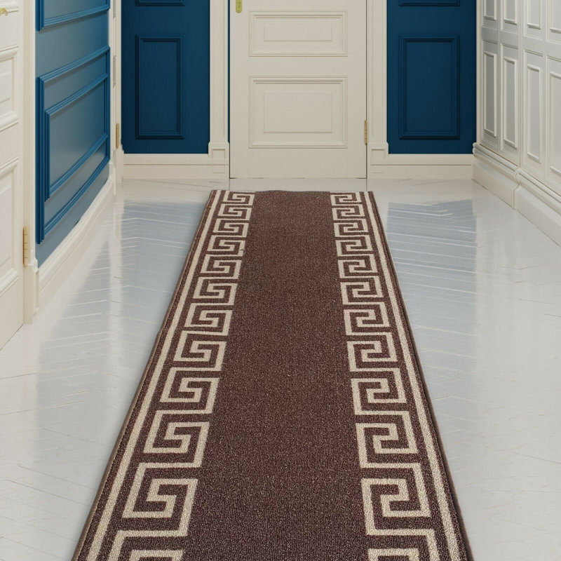 Custom Size Runner Rug 31 Inch Wide Choose Your Length Greek Key Meander Design Brown Creme Color, Runner 2'7'' x 32'