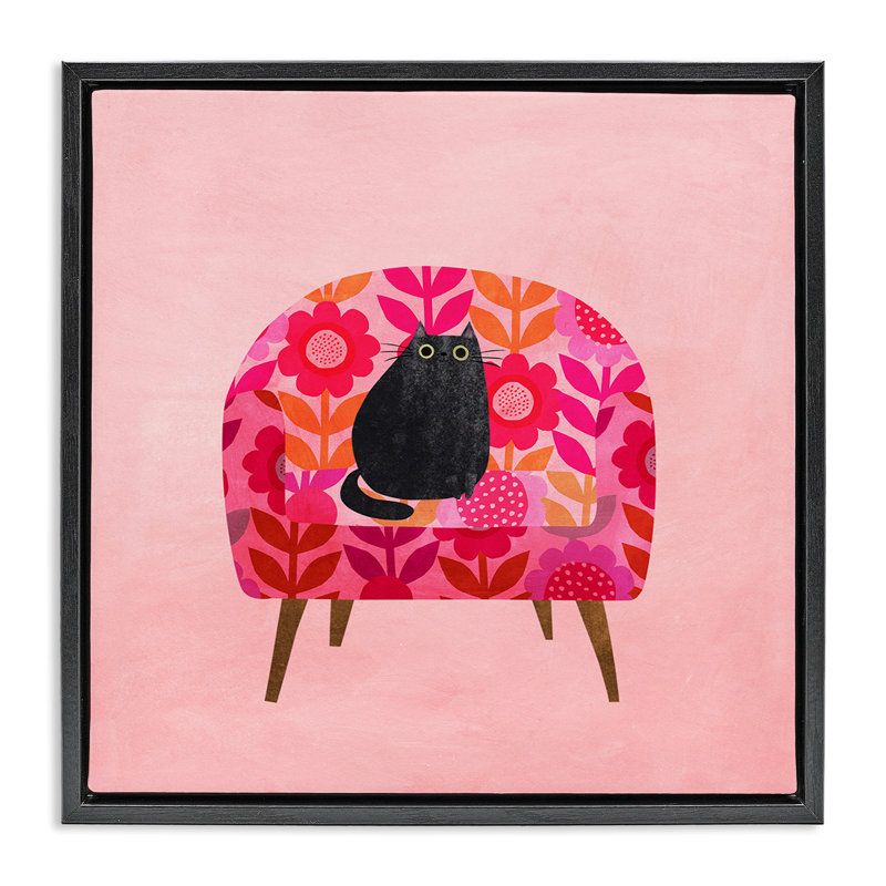 Chat sur cadre rétro de chaise florale, design par Angie Rozelaar, H 25 po x l 25 po, Cadre flottant noir de jais
