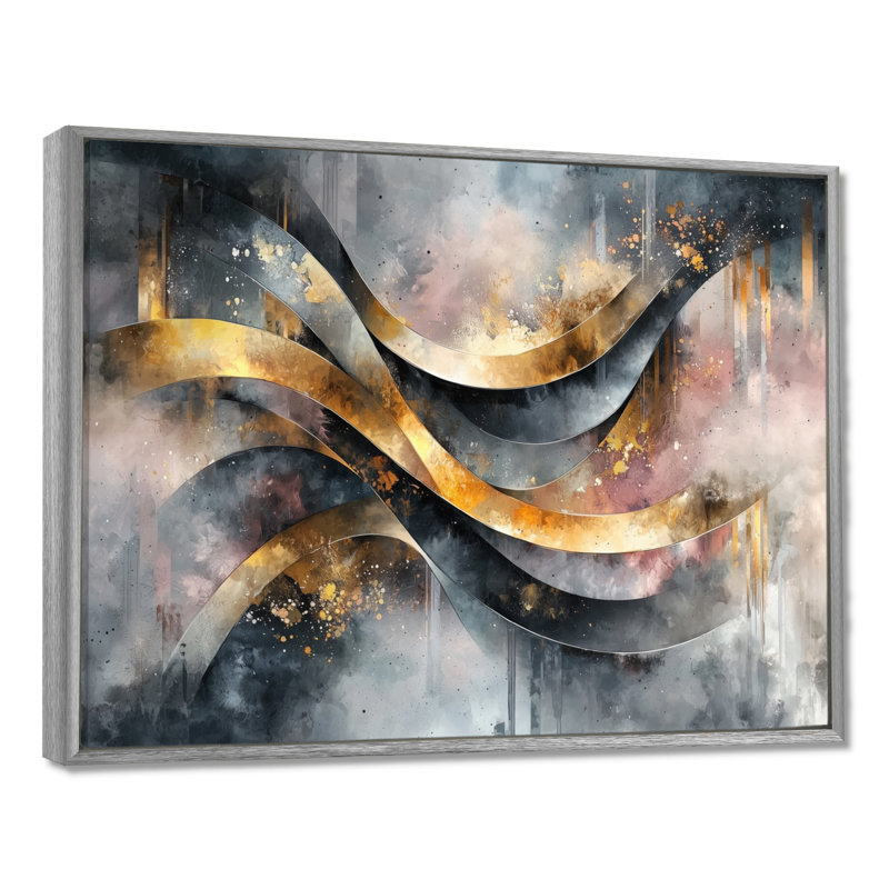 «Geometric Ink Pulse V - Abstract Spirals», art mural, Argent argent, H 34 po x l 44 po, Cadre flottant