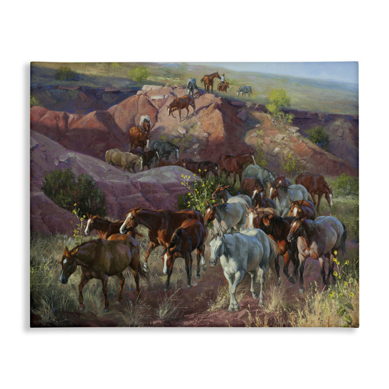 Toile de cheval à travers les falaises du désert, art mural par Jack Sorenson, H 16 po x l 20 po