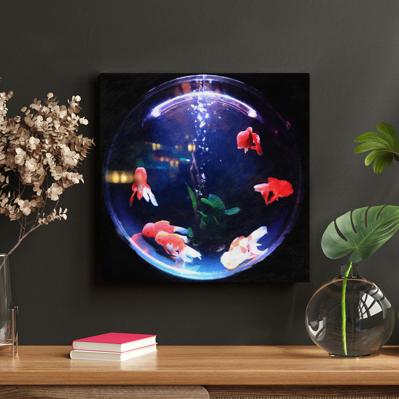 School of Fish In Fishbowl - peinture sur toile tendue, H 32 po x l 32 po
