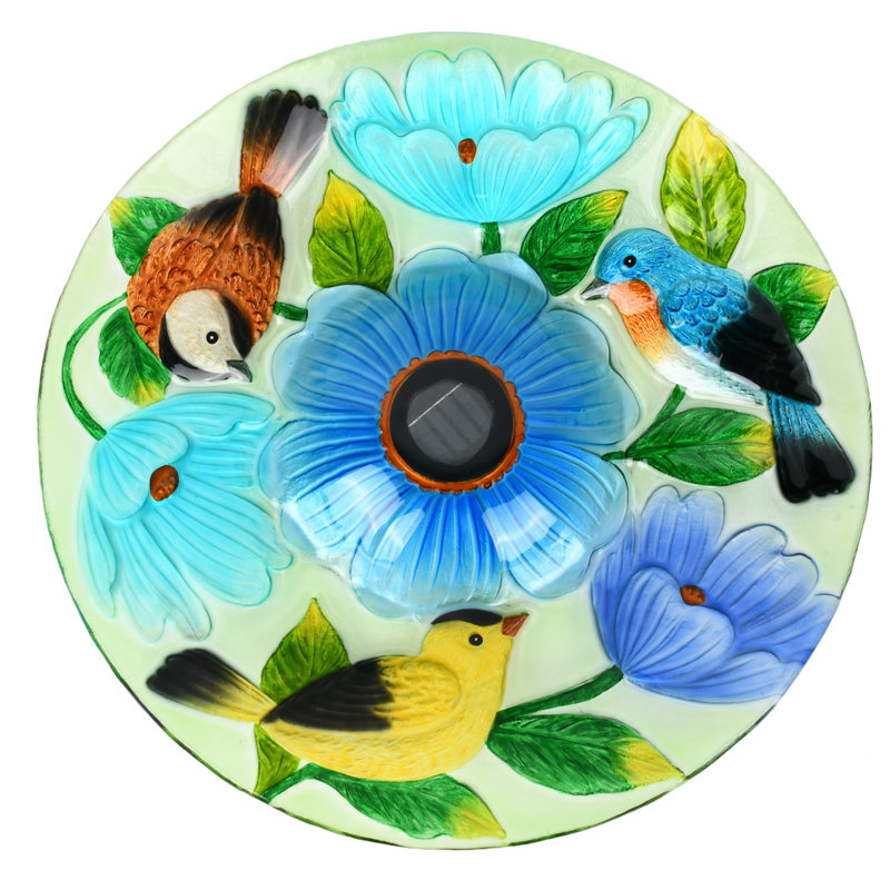 Assiette pour salle de bain 18 po avec trois oiseaux et fleurs bleues