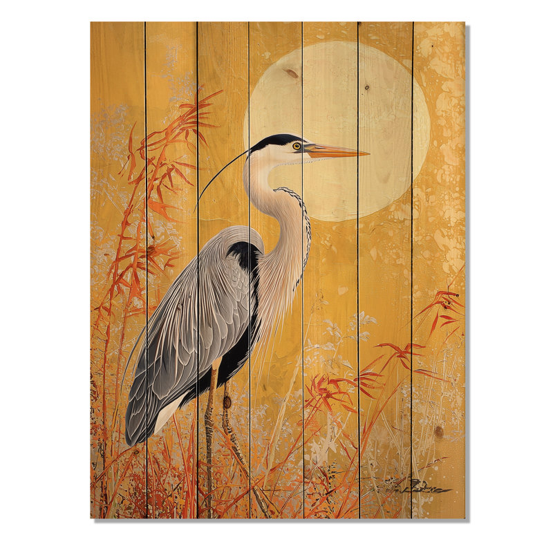Portrait de héron au soleil II - Art mural moderne sur bois de pin naturel, H 44 po x l 34 po