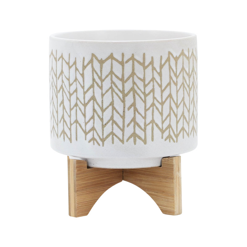 Pot à fleurs 8 po en céramique beige avec support en bois - Créez un magnifique présentoir de fleurs inclus