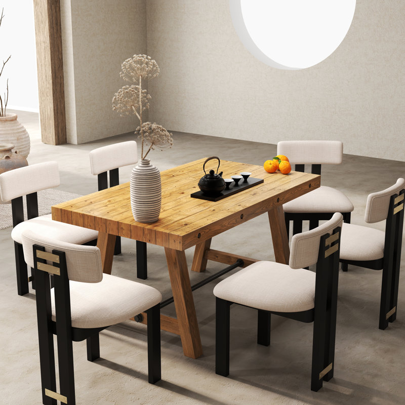 Rustic Solid Wood Dining Table And Chairs Set, Upholstered Dining Chairs And Solid Wood Dining Table, Natural, Beige/Black