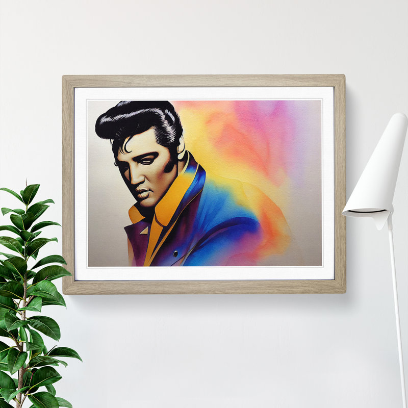 Watercolour Elvis Presley - Single Picture Frame Print, 25cm H x 34cm W x 2cm D, Oak Framed