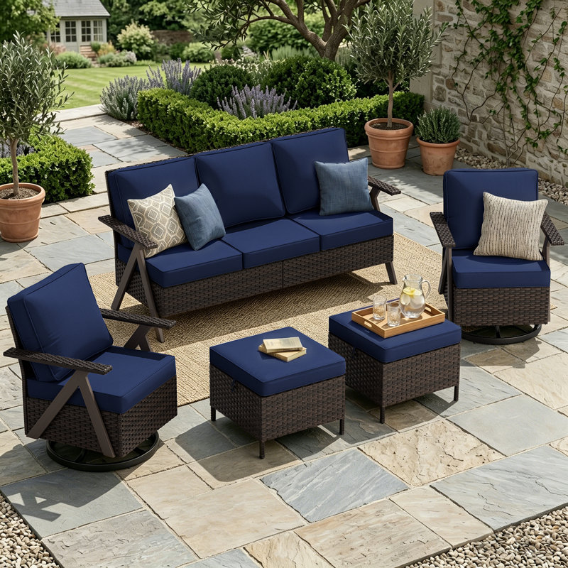 5-Piece Outdoor Patio PE Wicker Set With 3-Seat Sofa, 2 Swivel Chairs, 2 Ottomans & Blue Cushion, Blue