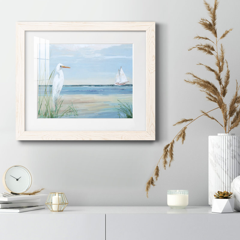 Summer Heron - peinture encadrée, Cadre blanc, H 20 po x l 17 po x P 1,5 po