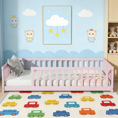 Twin Size Solid Wood Kids Floor Platform Bed for Toddler Bed Transition with Fence, No Door Included