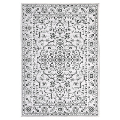 Boho 5x7 Area Rug for Living Room Bedroom – Washable Ultra-Thin Floral Carpet, Soft Low Pile, Non-Slip Backing, Black