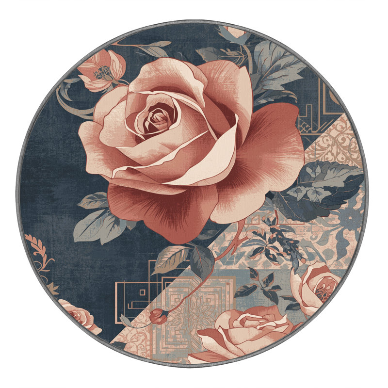 Machine Washable Oyan Pink Rose Florentiner Floral Rug in Gray – Gray Binding, 7' Round