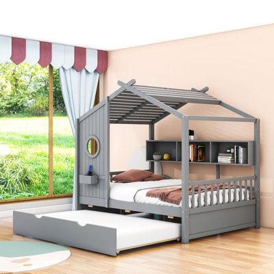 Abem Wood Platform Bed With Trundle and Shleves
