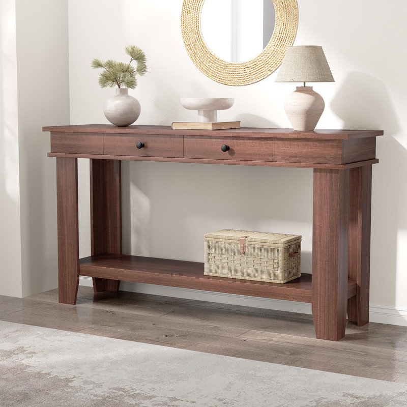 Farmhouse Console Table for Behind Couch, 54-Inch Long Entryway Table with Drawers & Open Storage Shelf, Brown