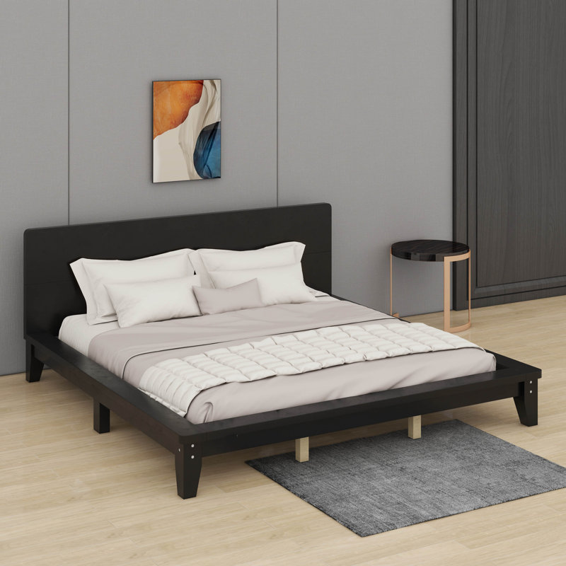 Lit plateforme en bois avec tête de lit, aucun sommier requis, support de lattes de bois, Noir, Très grand lit
