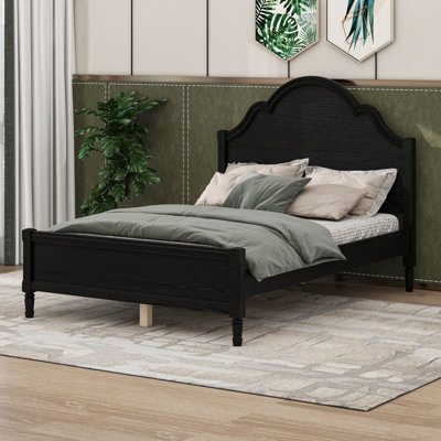 Vintage Wood Platform Bed Frame, Mid Century Bed Frame with Curved Headboard & Classic Footboard, Under Bed Storage Space