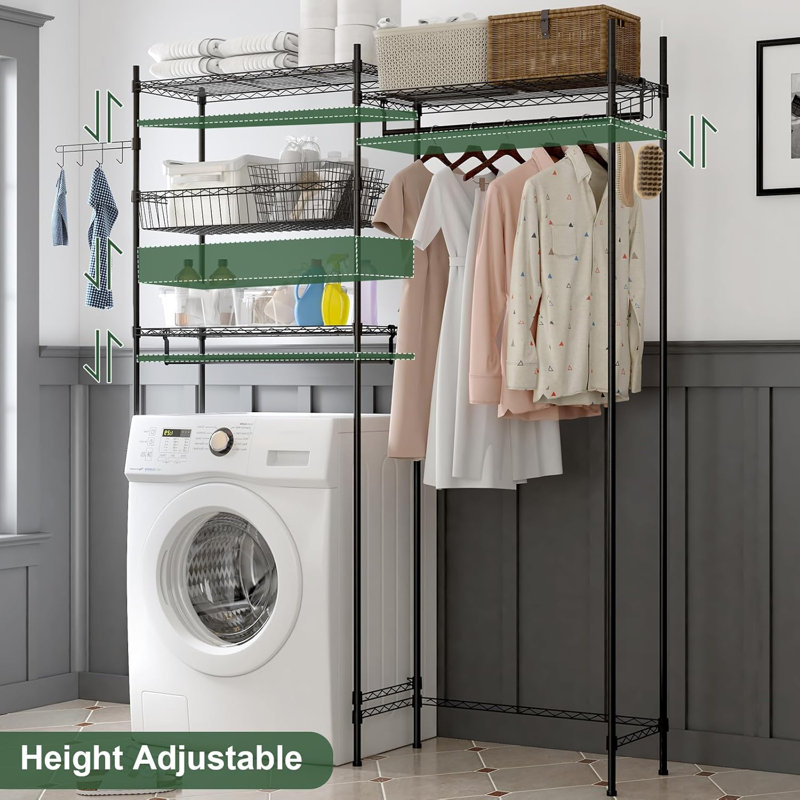 Laundry Room Clothes Drying Rack, Over The Washer and Dryer Storage Shelf, Clothes Drying Rack with Laundry Hamper and Hooks