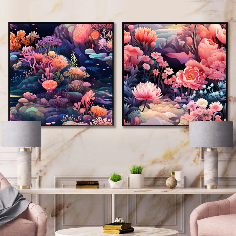 Rosenbaum - Ensemble de 2 collages carrés botaniques abstraits, Cadre flottant noir, H 16 po x l 33 po