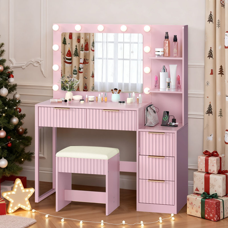 Ensemble de meuble-lavabo lumineux - 11 ampoules à 3 couleurs à intensité variable, 5 tiroirs, Rose