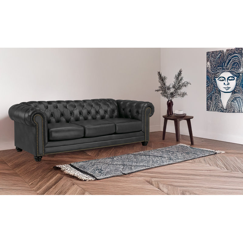 Ornellas 93" Leather Rolled Arm Chesterfield Sofa, Charcoal Leather Match