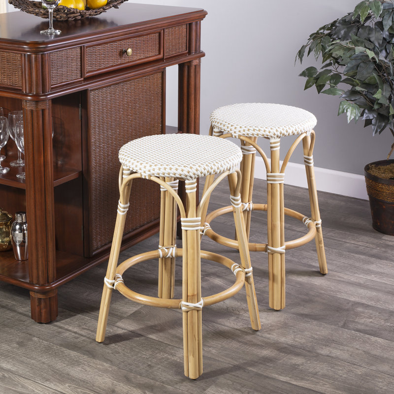 Alastair Bar & Counter Stool, Glossy White/Natural Rattan Frame, Counter Stool (24" Seat Height)