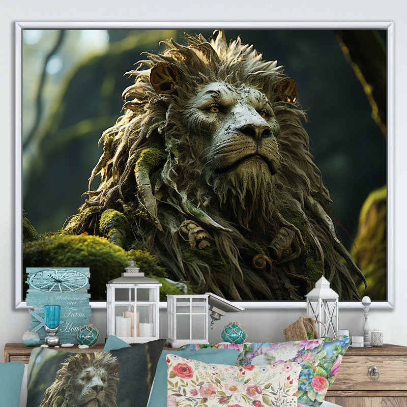 «Enchanted Lion Wilderness Fantasy» sur toile, Cadre flottant blanc, H 16 po x l 32 po x P 1 po