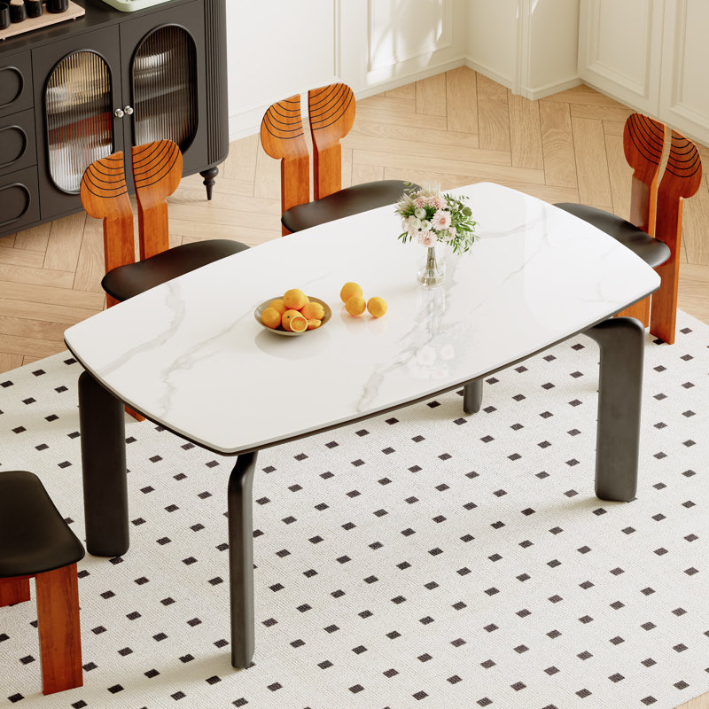 Table de salle à manger 59 "x 32" en pierre frittée blanche avec pieds courbés en métal