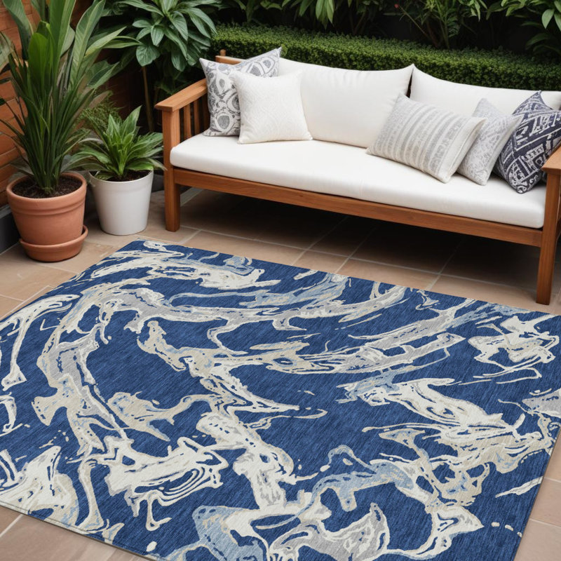 9' X 12' Navy Blue Grey And Ivory Abstract Washable Indoor Outdoor Area Rug