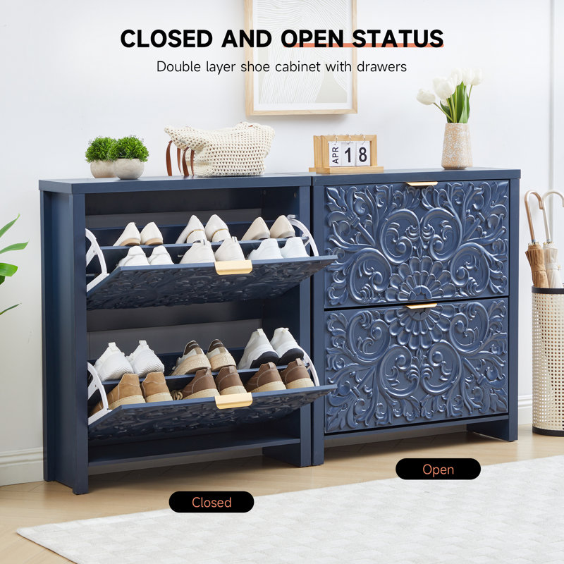 16 Pair Shoe Storage Cabinet With 2 Flip Drawers, Blue