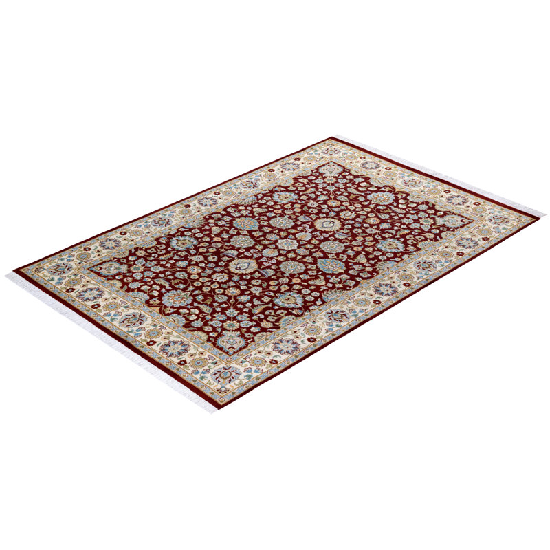 Tapis rouge en laine noué à la main de conception unique 4 pi 3 po x 6 pi 3 po Mogul