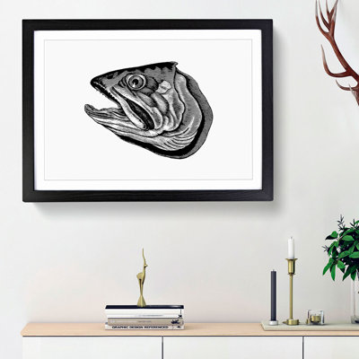 Fish Head Illustration in Black & White - Framed Print