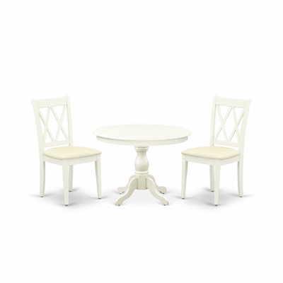 3 Piece Dining Table Set for Small Spaces Contains a Round Dining Room Table with Pedestal and 2 Linen Fabric Chairs, Linen White