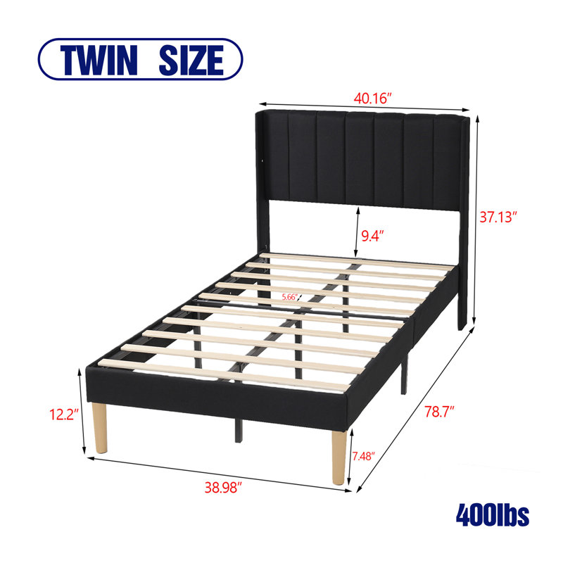 Upholstered Wingback Platform Bed, Twin, Black