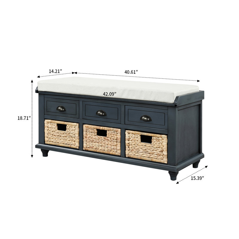 Babloo Vintage style bench with drawers decorated with rattan and upholstered cushions for bedrooms and entryways