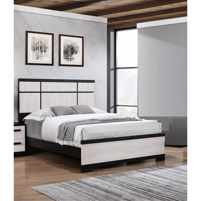 Cadre de lit à panneau grand moderne avec tête de lit à deux tons en ébène craie, style transitionnel, pour sommier, cadre moderne, sommier, tête de lit géométrique