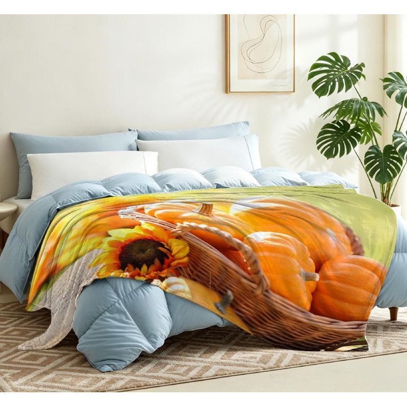 Jeté en molleton jaune ultra doux en flanelle, panier de citrouilles et imprimé recto, Jeté 50 po x 60 po