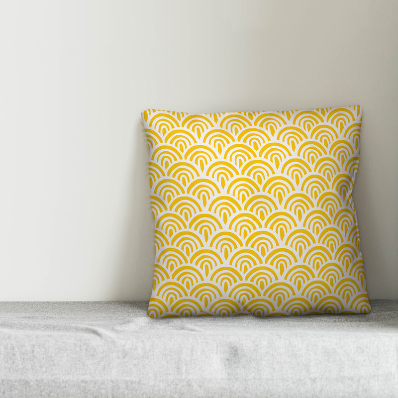  Abstract Scallop Outdoor Square Pillow, Lemon/Cream, 18" x 18", Polyester/Polyfill