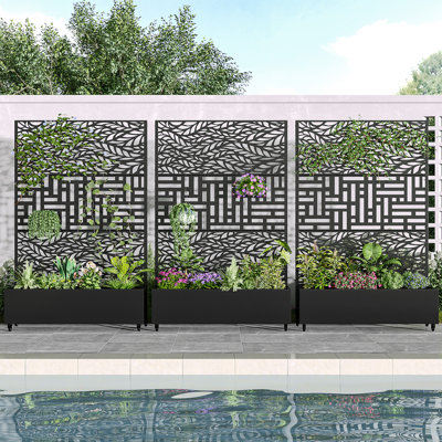 Ensemble de 3 jardin surélevé autoportant bicolore avec écran d'intimité Boîte à fleurs en métal avec treillis pour plante grimpante