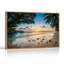 Tableau sur toile représentant un coucher de soleil tropical sur une plage avec des palmiers et des rochers-1237557995