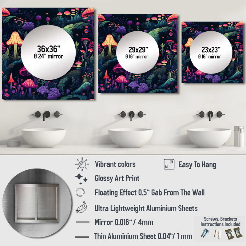 Magical Mushroom Enchanted Forest I - Grand miroir mural carré en forme de champignon pour chambre à coucher, 23 po x 23 po