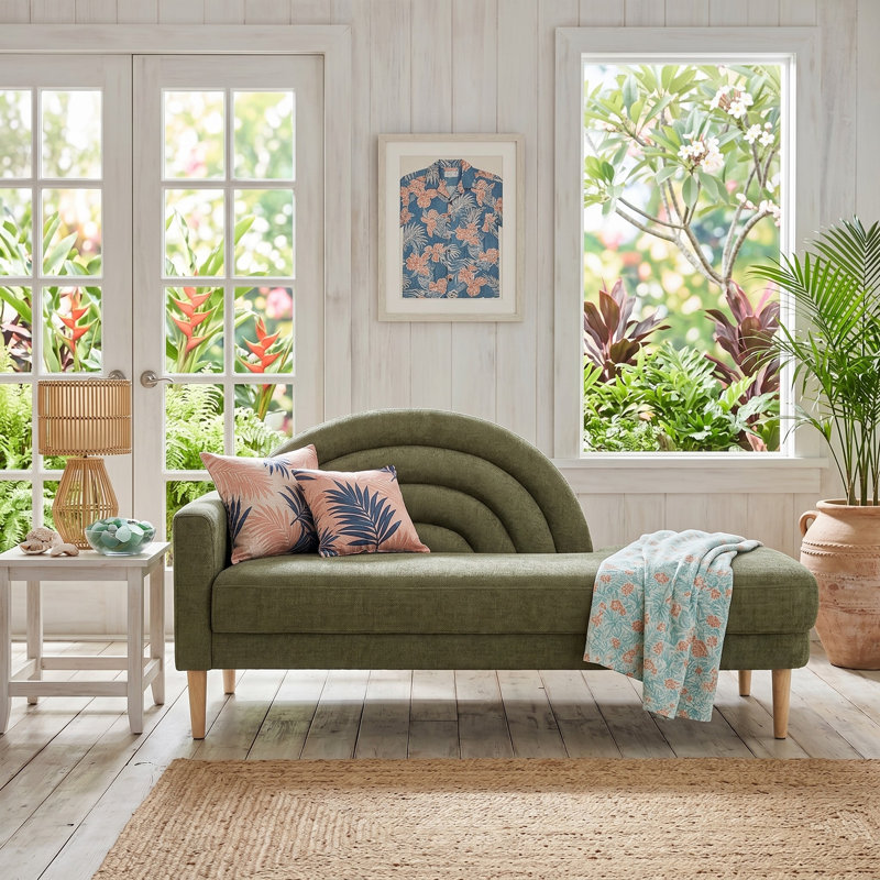 Rainbow-Inspired Linen Upholstered Chaise Lounge with Curved Backrest, Olive