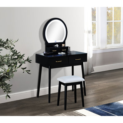 3Pc Vanity Table And Stool , Black Modern Style, Built-In Led-Lit Mirror, Gold-Accented Handles, Cushioned Stool, Spacious Drawers Upper Shelf, 31.3"X15.8"X30"H Table, 19.5"X23.8"H 14"X10.5"X18.8"H