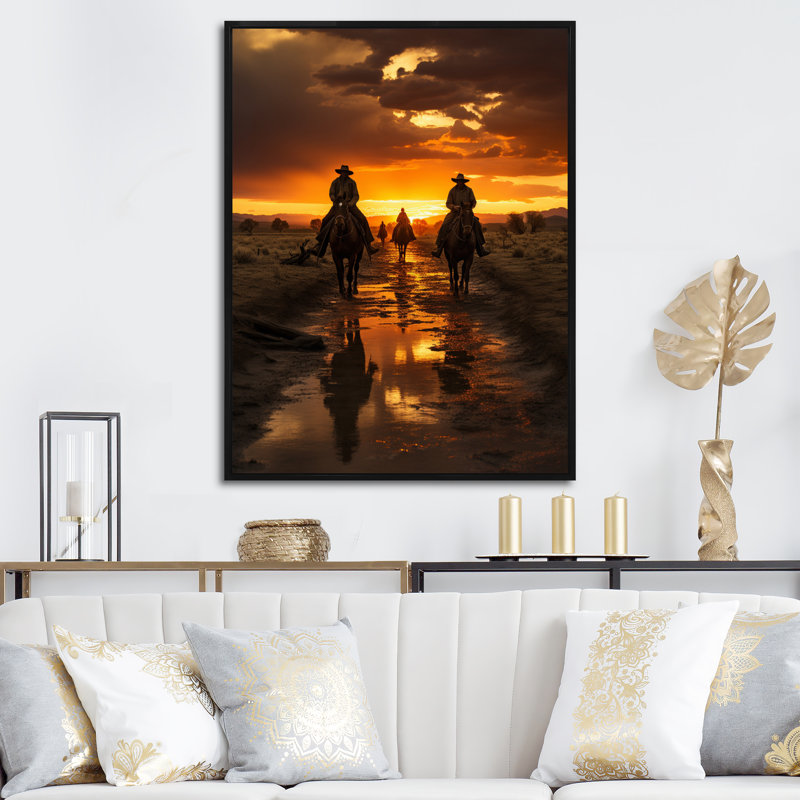«Western Sunset Riders Portrait II», reproduction sur toile, Cadre flottant noir, H 20 po x l 12 po x P 1 po
