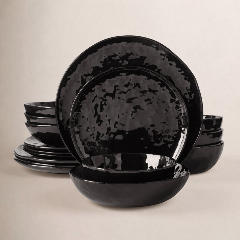 Ensemble 16 pièces d'assiettes et bols Sanjay, Noir lustré