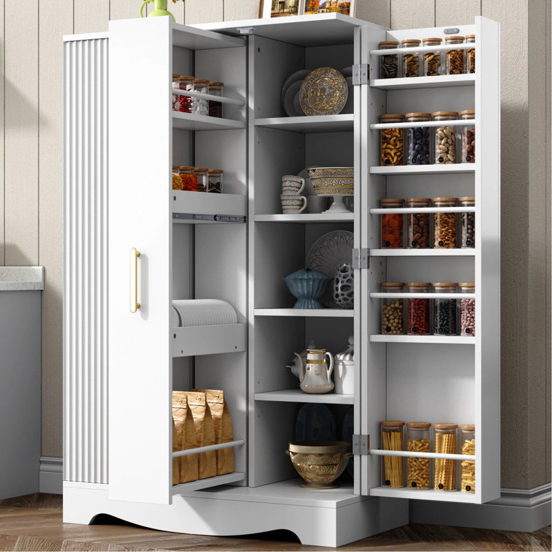 Armoire de rangement blanche autoportante de 47,4 po de hauteur, porte coulissante centrale et 2 portes à charnières latérales, tablettes réglables et supports de porte intérieure