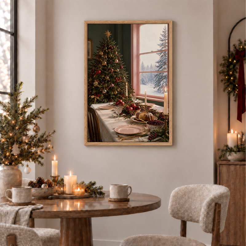 " Holiday Feast Table With Tree And Snow View Christmas ", 48"H x 32"W