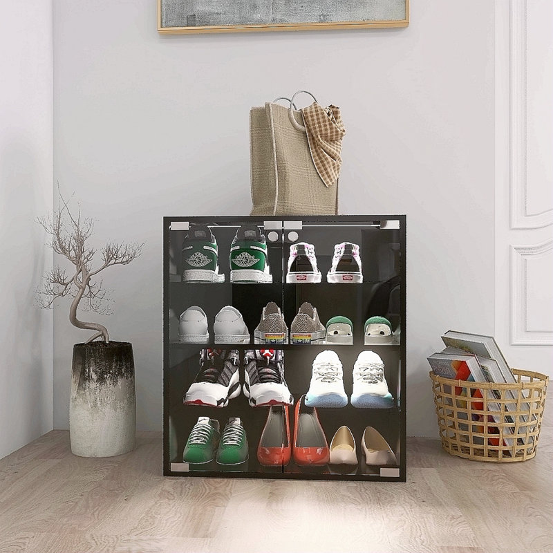 Armoire à chaussures noire 4 couches avec porte en verre et vitrine à chaussures en verre avec contrôle Bluetooth