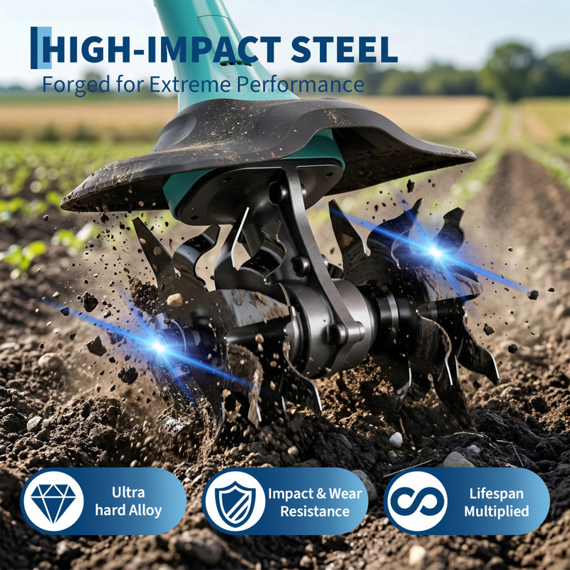 Blue 20V Cordless Tiller Cultivator w/ 2 Batteries & Charger, 9" Garden Tiller