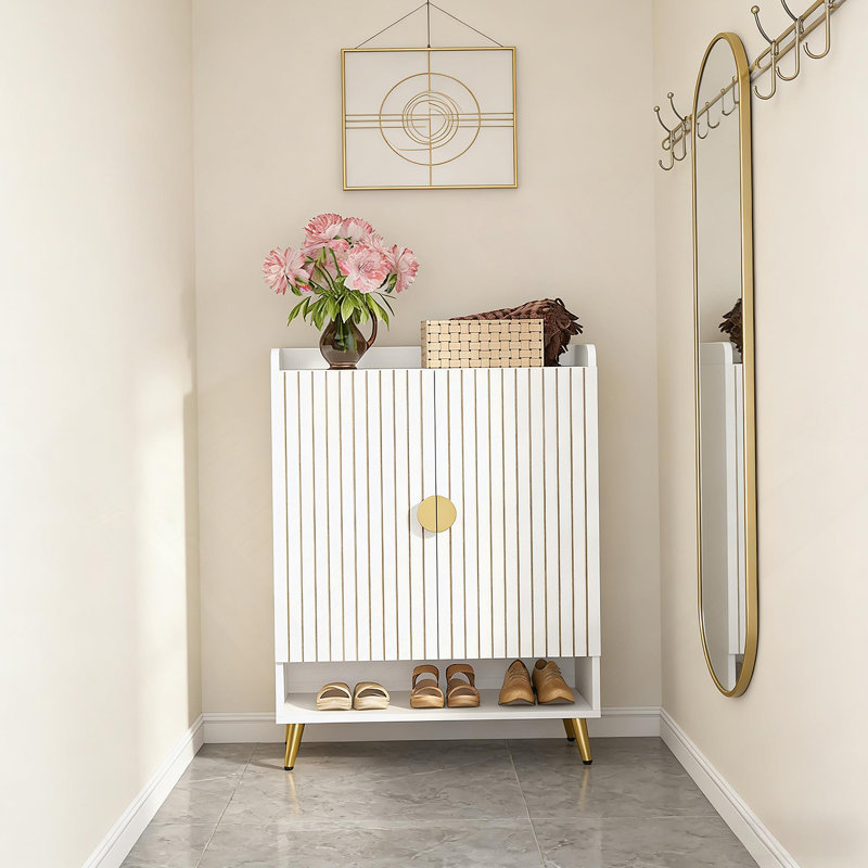 Spacious Shoe Storage Organizer,Modern Style Shoe Cabinet, White/Gold