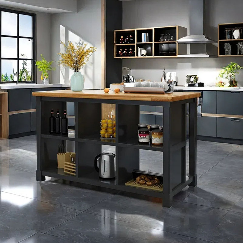 62.99" Solid Wood Kitchen Island, Black